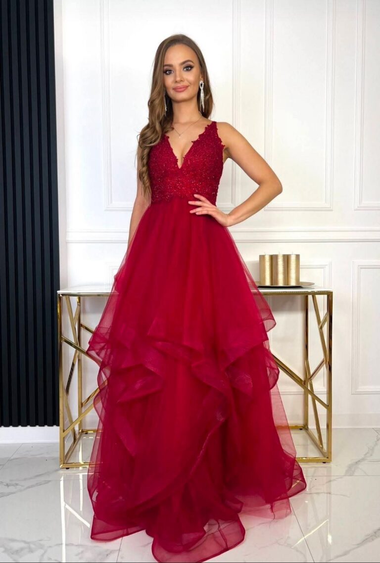 Sukienka bordowa tiulowa długa ORIANA balowa 36/S