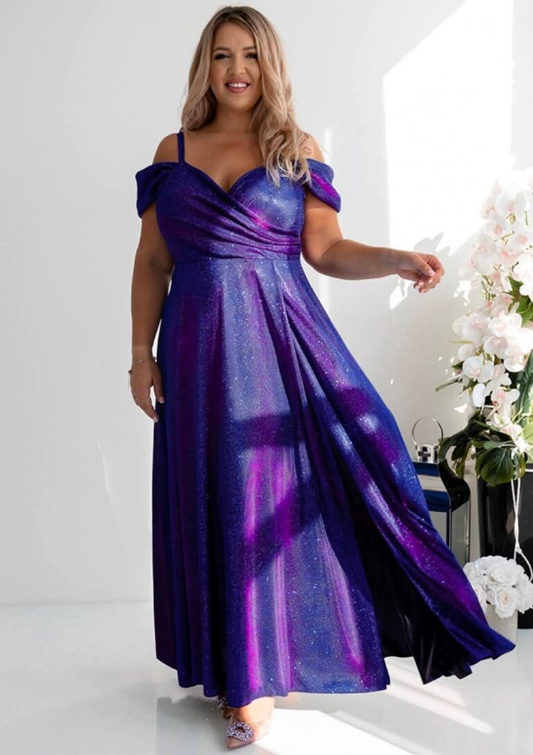 Sukienka 40/L 50/5XL długa niebieska różowa błyszcząca balowa