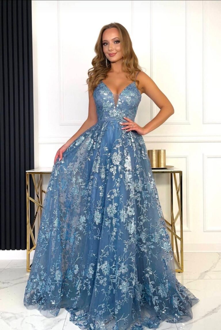 Sukienka ANABEL Maxi długa niebieska 38/M brokatowa balowa