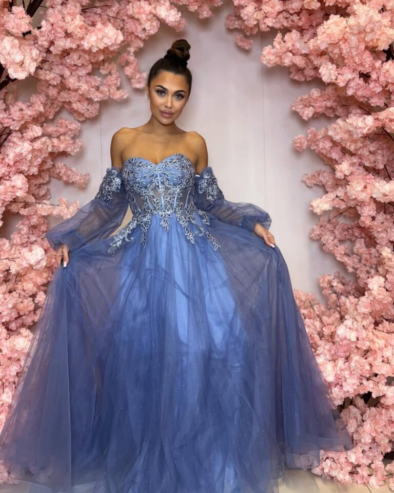 Sukienka BELLA Maxi balowa tiulowa 40/L gorsetowa długa niebieska