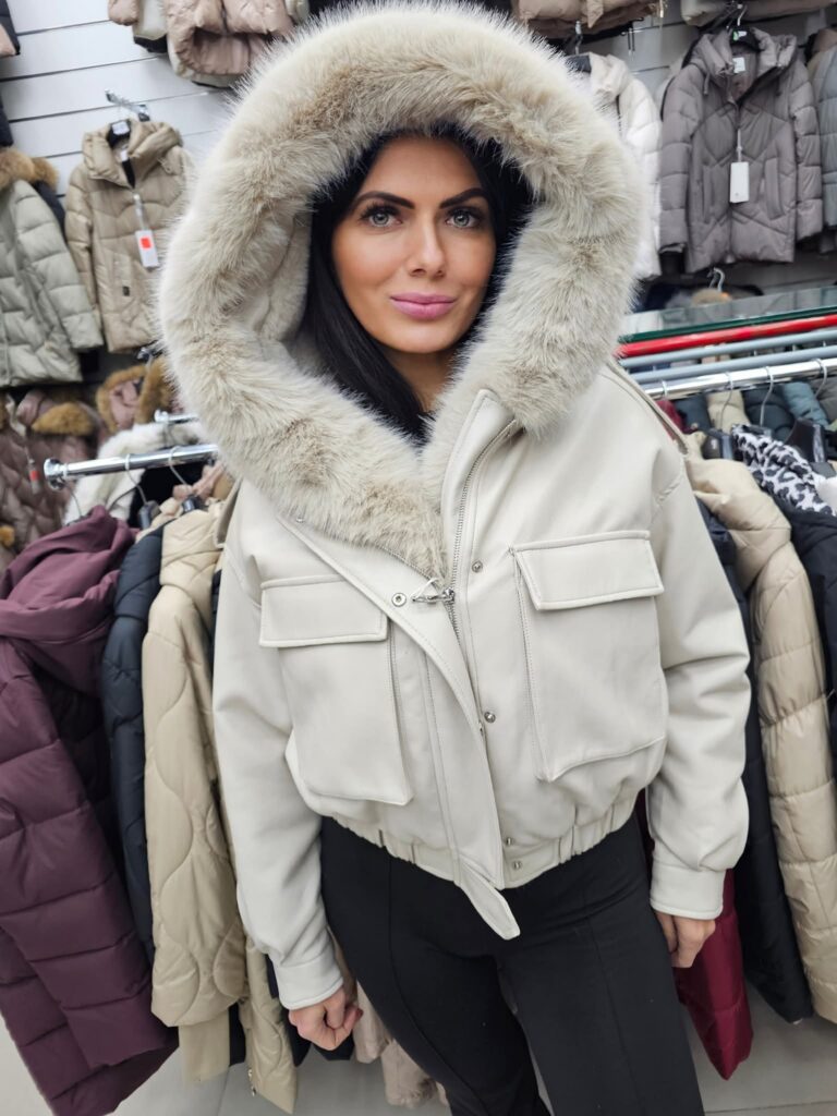 Kurtka CINDY kremowa z futerkiem 42/XL kapturem skóra eko beżowa