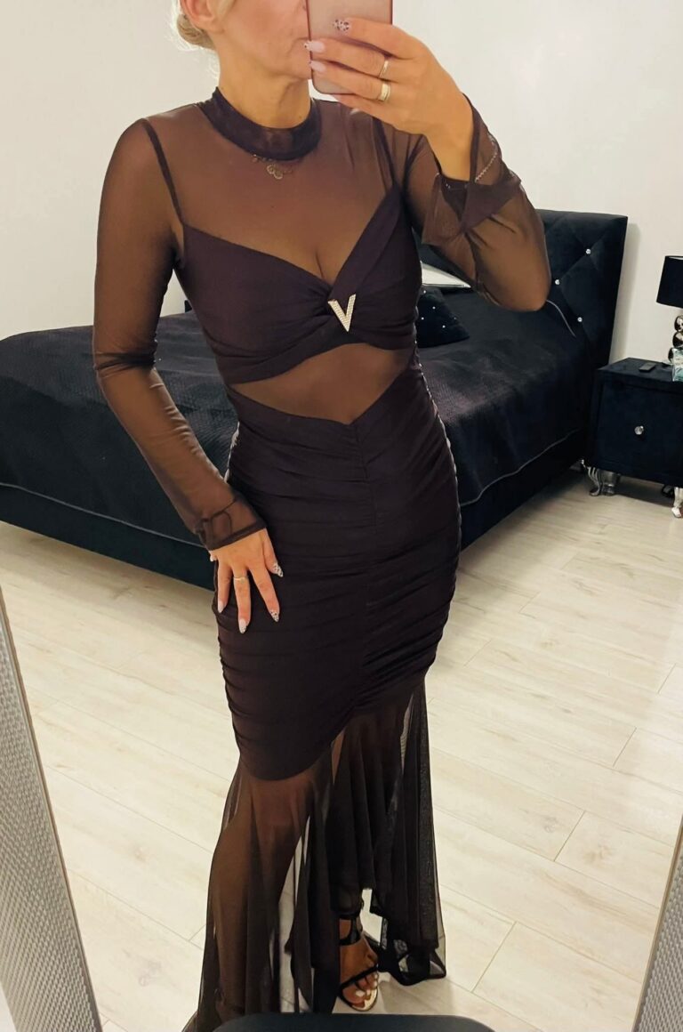 Sukienka brązowa ALLITESSA 36/S czekoladowa marszczona