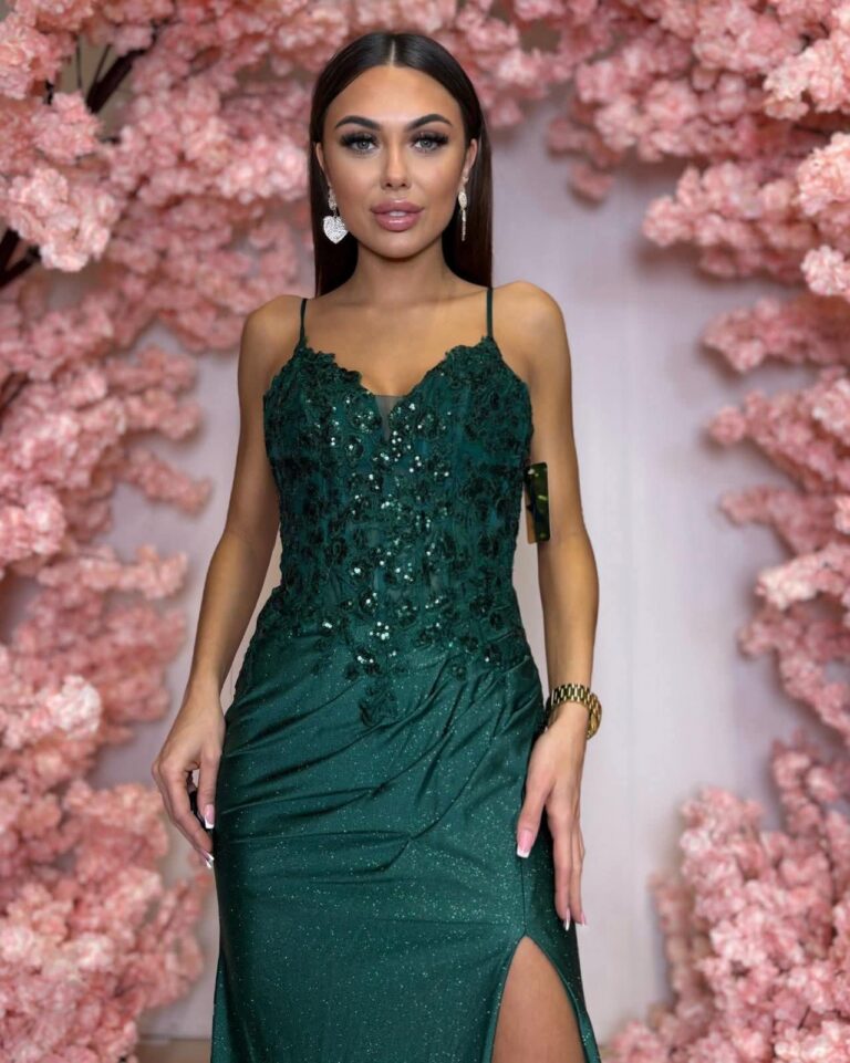 Sukienka FAUSTYNA Maxi 36/38 butelkowa zieleń błyszcząca wieczorowa długa