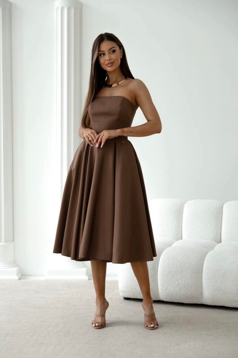 Sukienka KLARA Midi brązowa 38/M czekoladowa gorsetowa