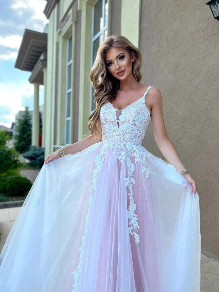 Sukienka GARDEN biała różowa ślubna 38/M 42/XL długa tiulowa