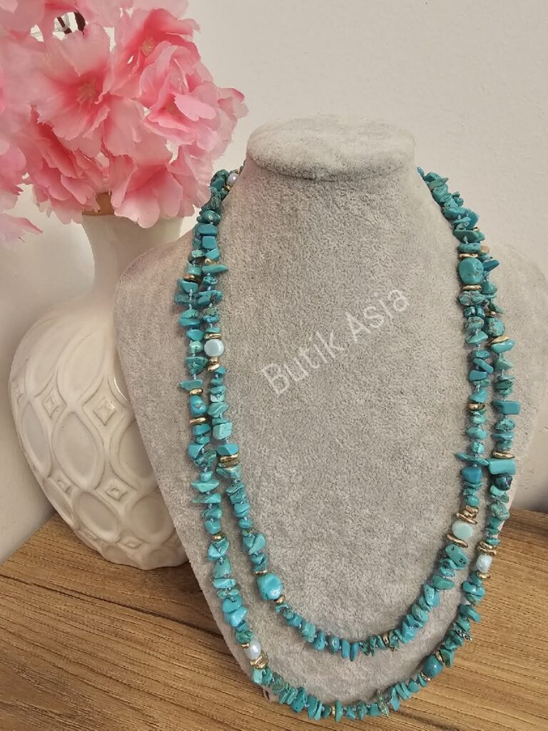 Długi naszyjnik koraliki stal chirurgiczna turkusowy piękny