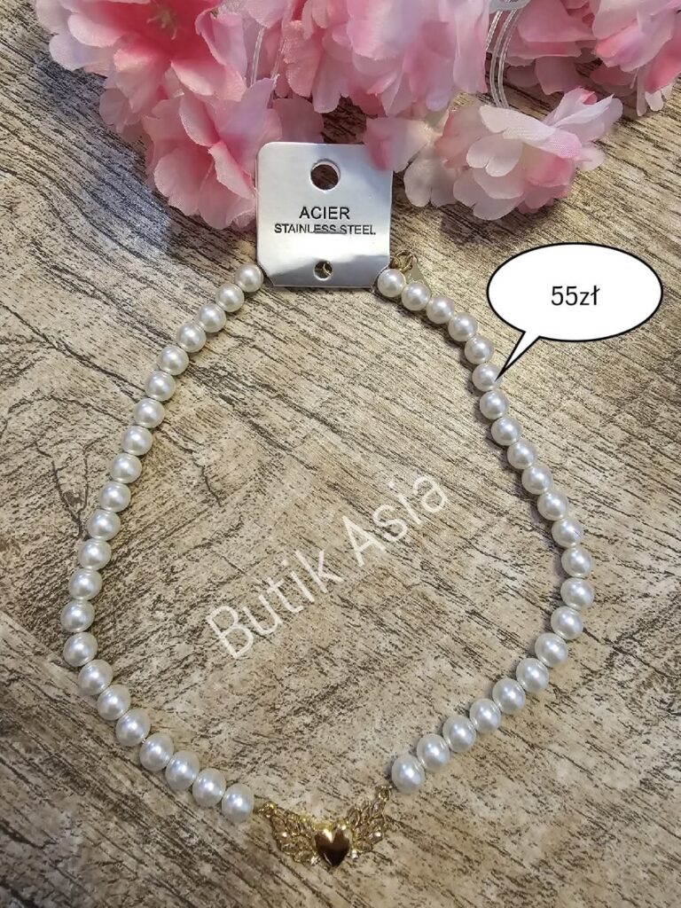 Naszyjnik perełki perły serce złoty stal chirurgiczna