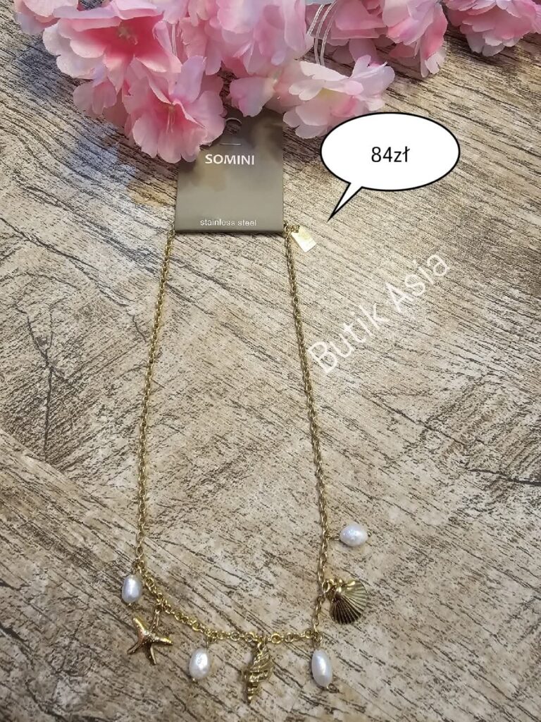 Naszyjnik muszelki perełki stal chirurgiczna złoty