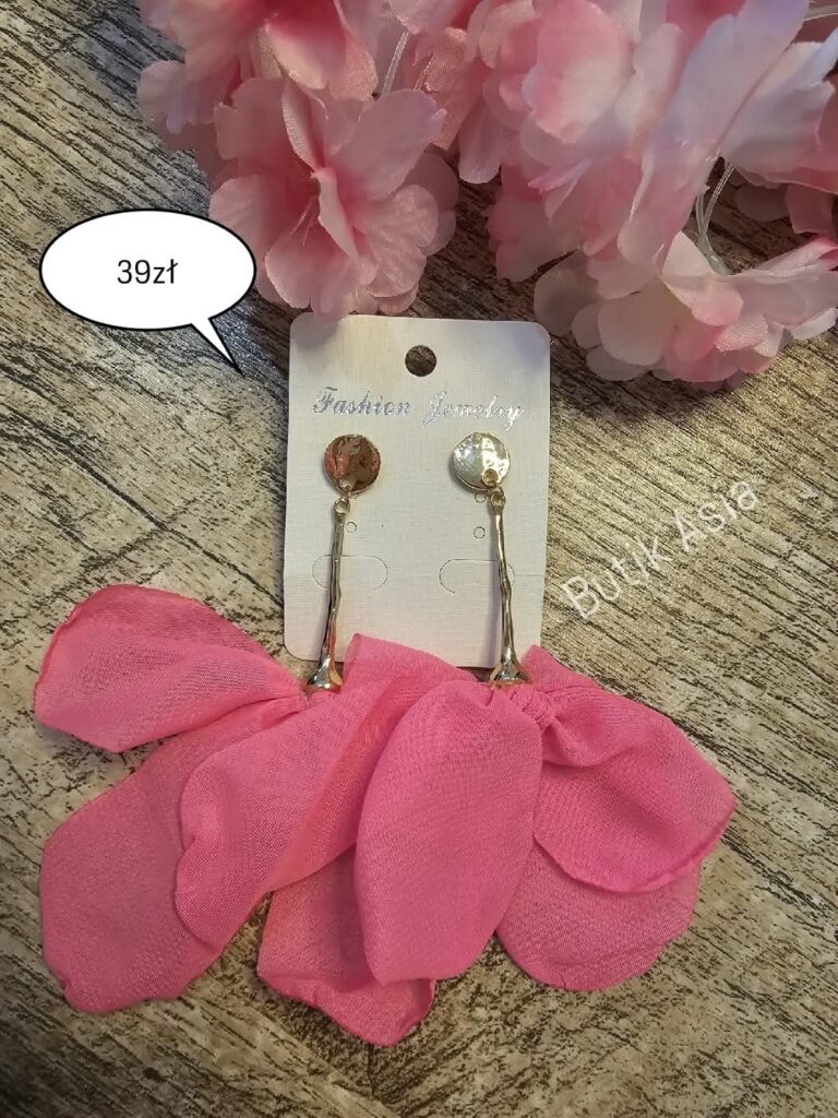 Kolczyki długie wiszące płatki kwiatki różowe koralowe