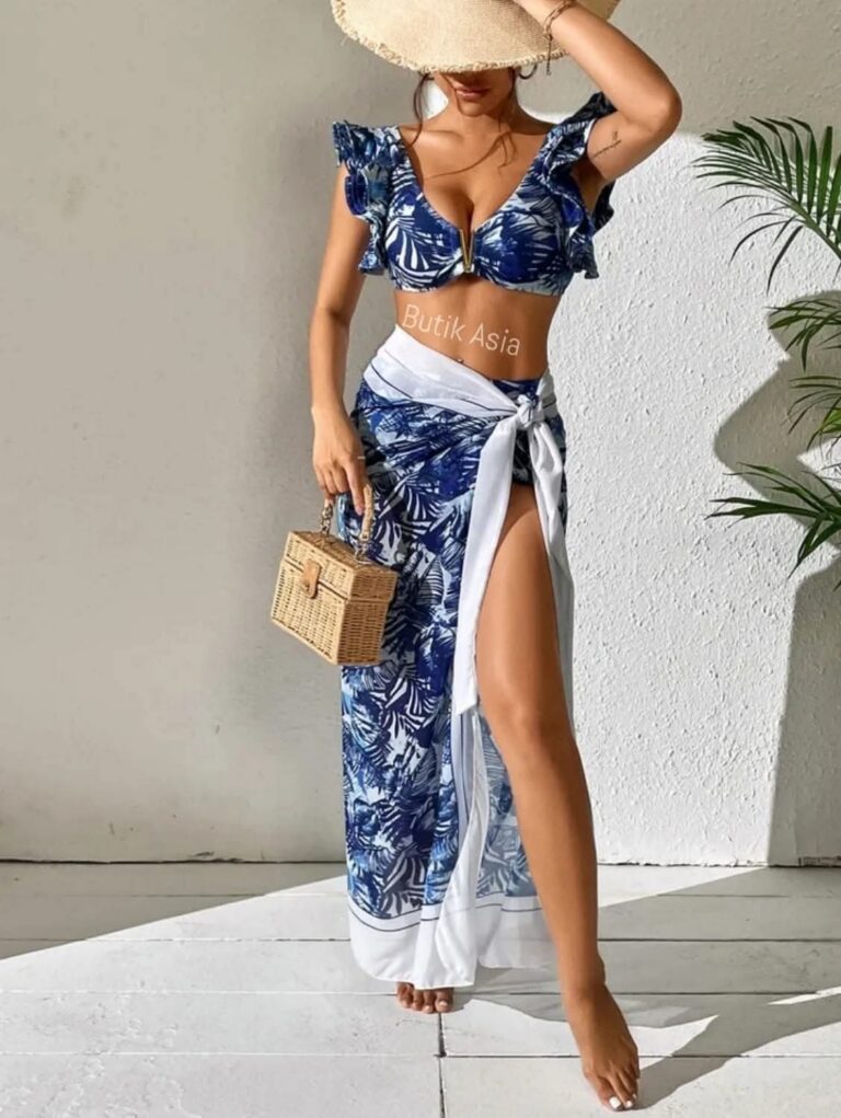 Pareo na strój kąpielowy chusta długa niebieska biała wzory